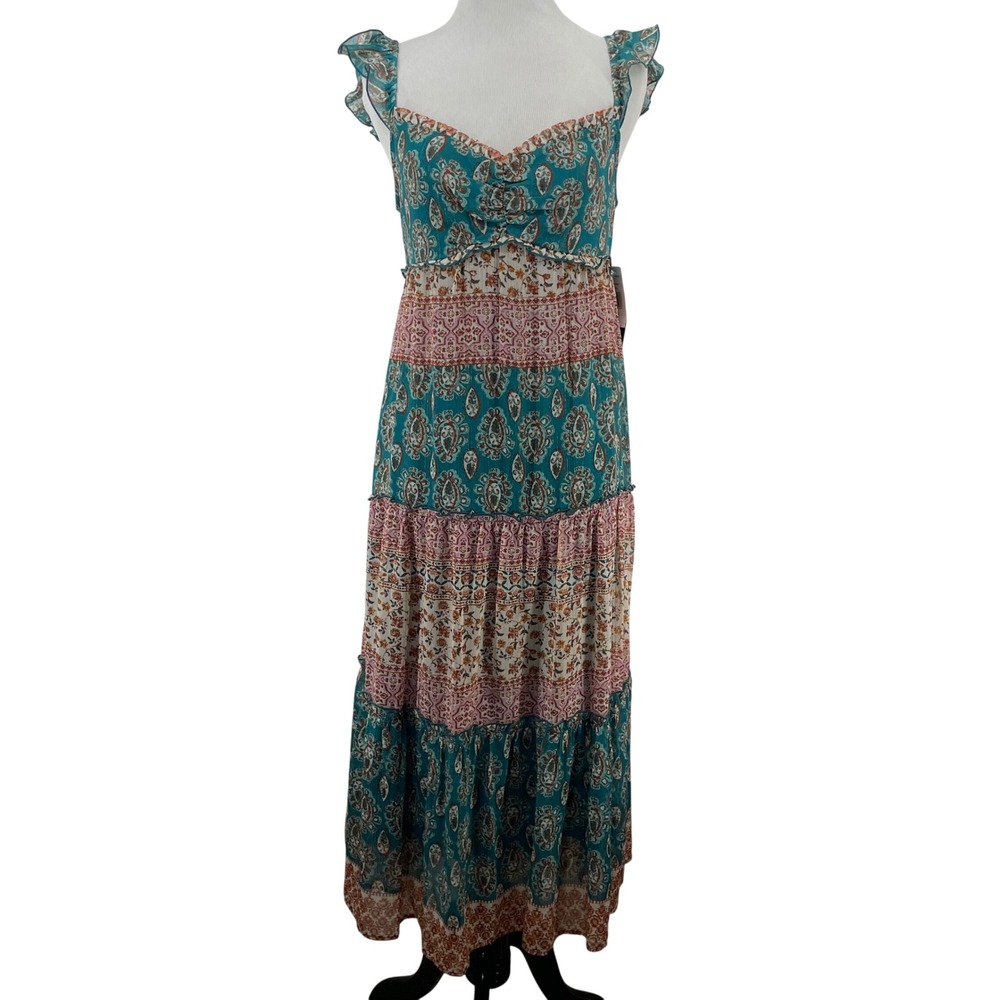 City Triangles Size S Maxi Dress Teal Boho Paisley Tiered Boho Flutter Sleeve